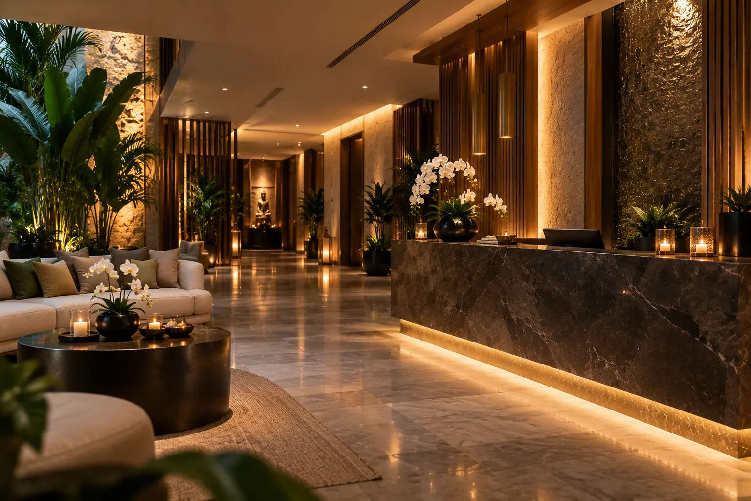Warmly lit spa reception with marble desk, orchids and candles